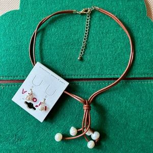 New Set Choker & Earrings Pearl Leather Tassel Boho Necklace 2PCs Viola